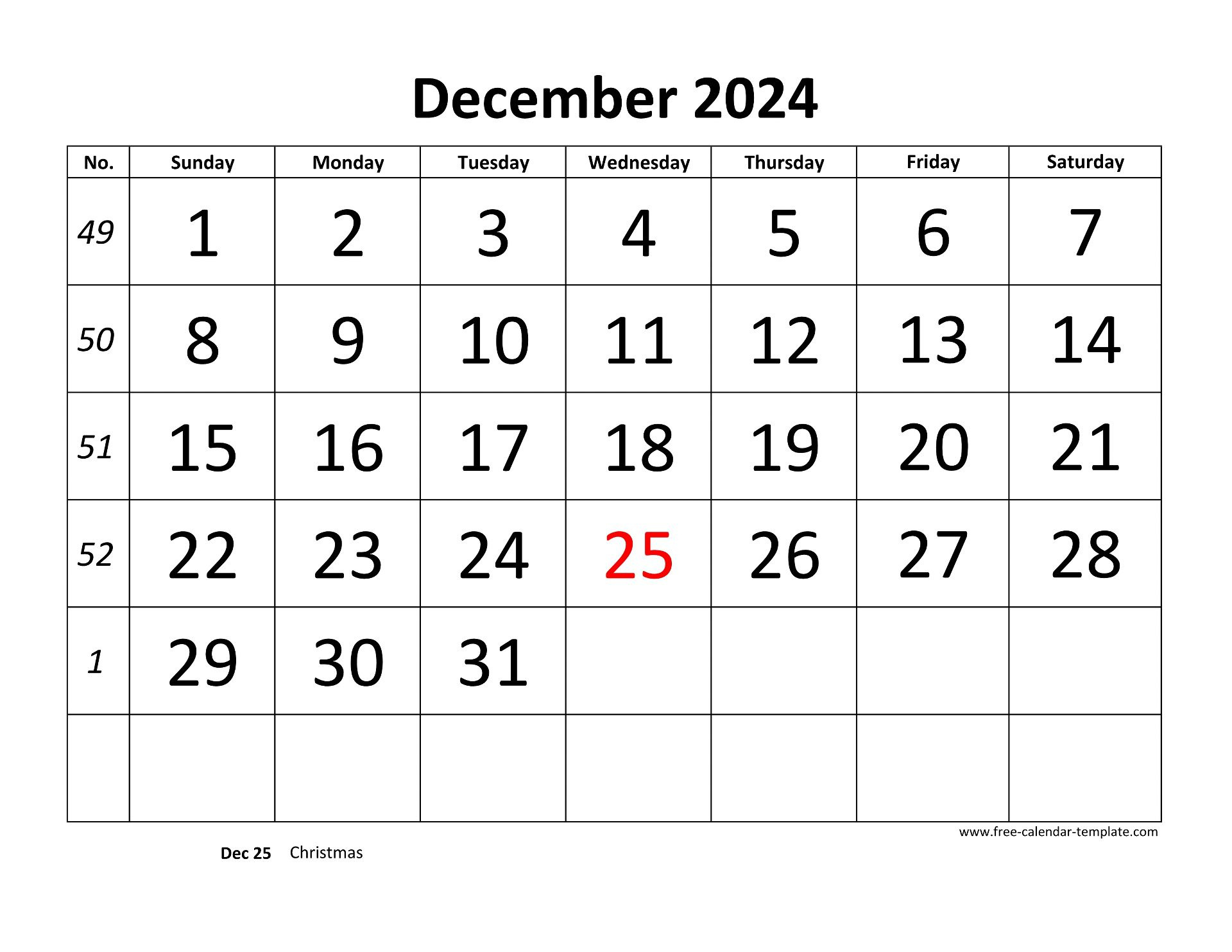 December 2024 Calendar Designed With Large Font (Horizontal intended for 2024 Printable December Calendar With Holidays