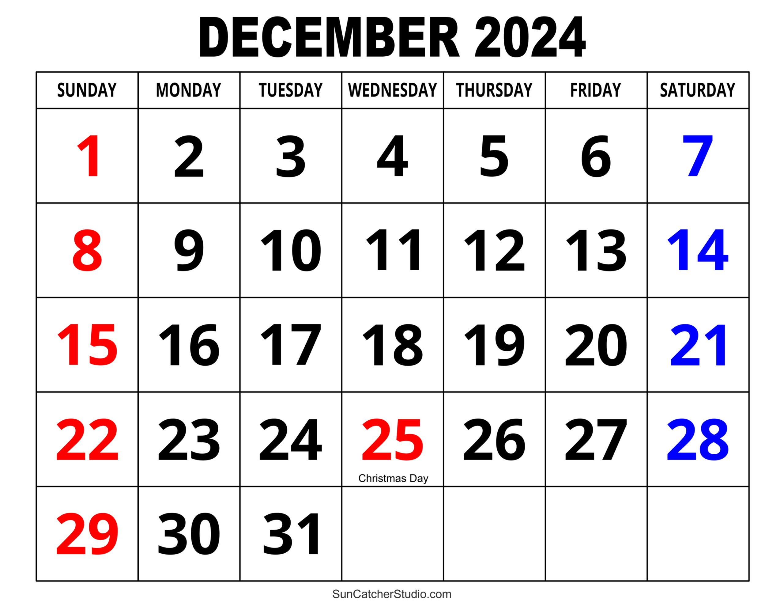 December 2024 Calendar (Free Printable) – Diy Projects, Patterns in December 2024 Calendar Printable With Large Print