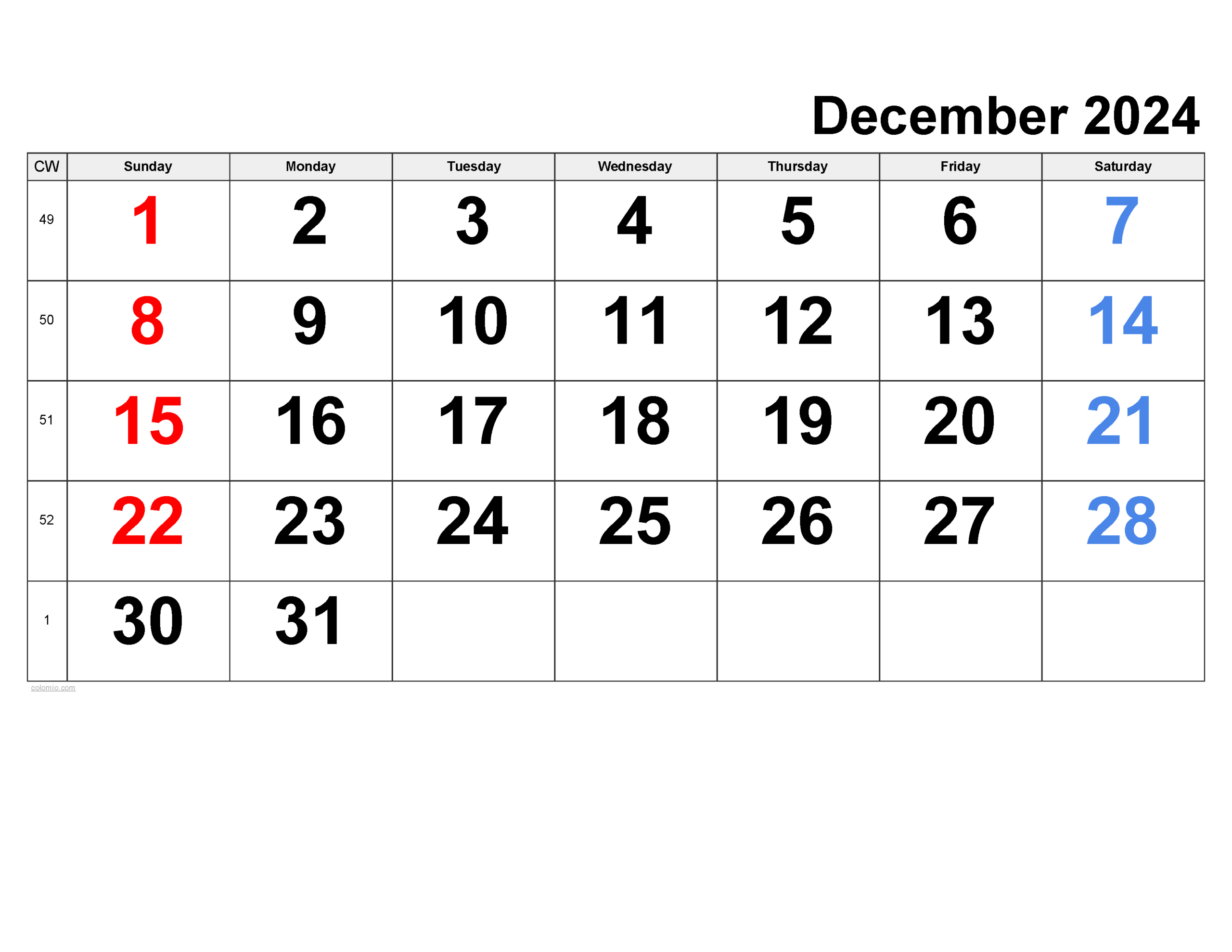 December 2024 Calendar | Free Printable Pdf, Xls And Png intended for December 2024 Calendar Numbers Printable