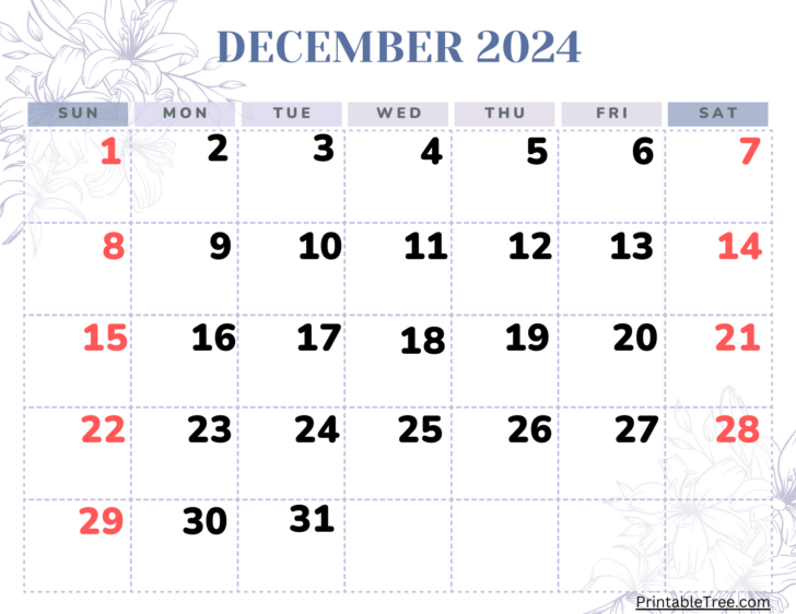 December 2024 Calendar Numbers Printable