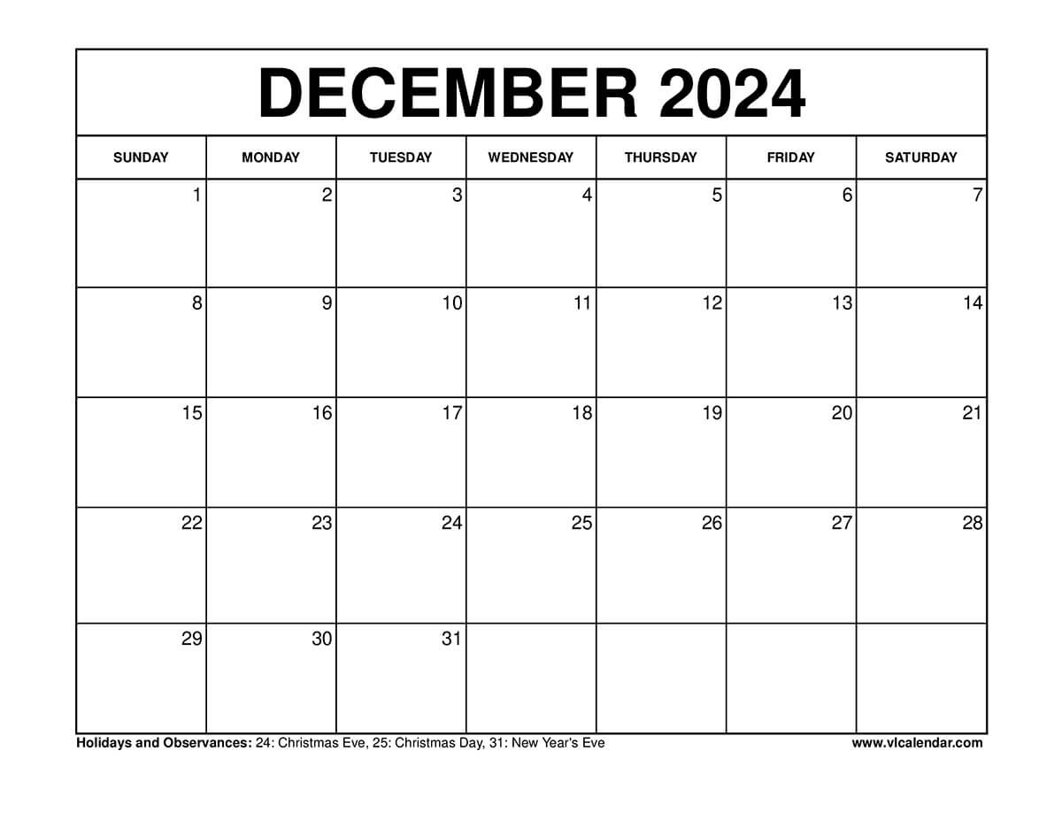 December 2024 Calendar Printable Templates With Holidays for 8 1 2 X 11 Printable December Calendar 2024