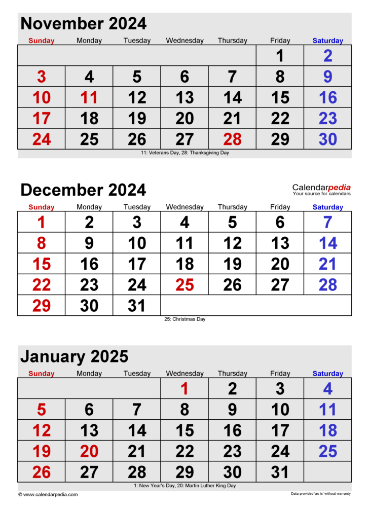 Calendar November 2024 December 2024 January 2025 Printable