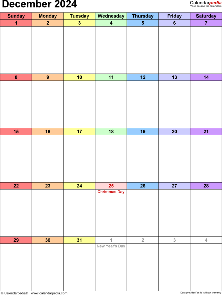 Blank December 2024Vertical Calendar Printable