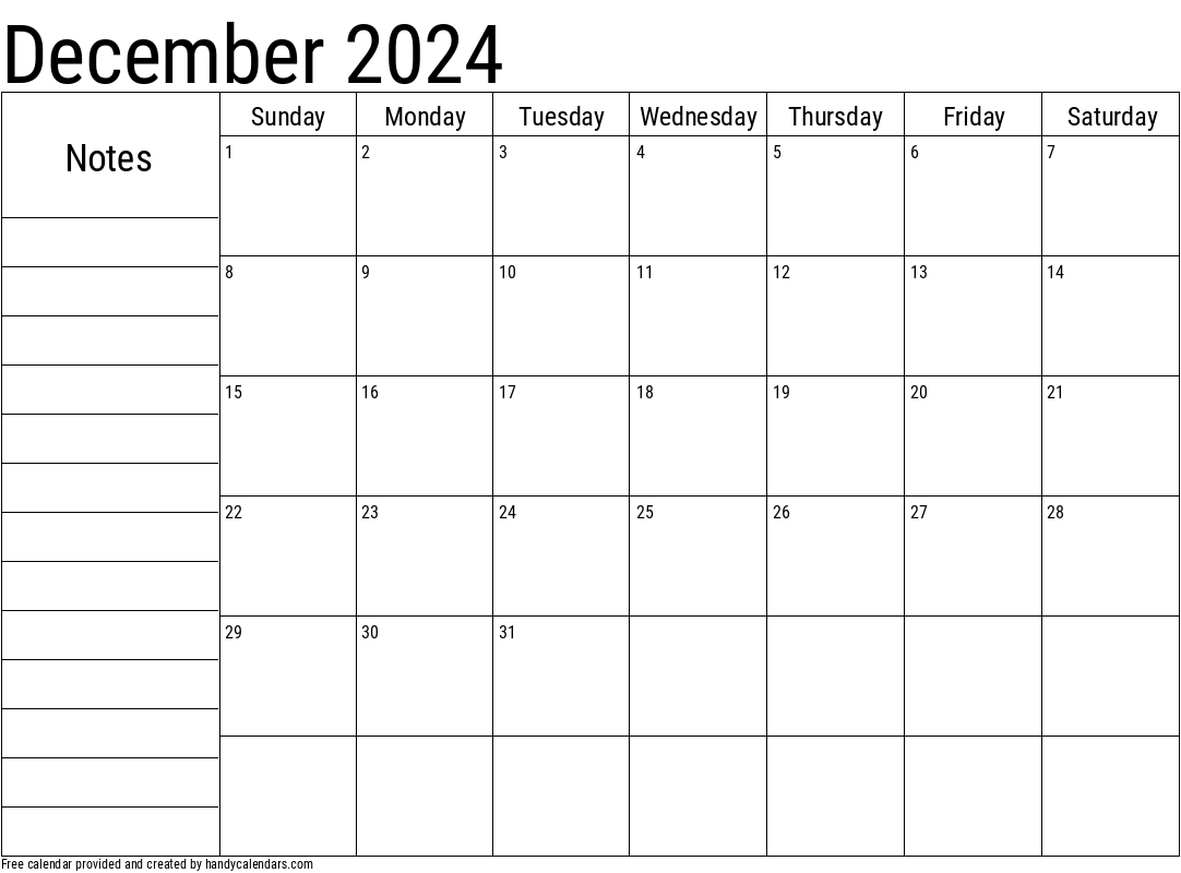 December 2024 Calendar With Notes - Handy Calendars with regard to Calendar 2024 December Printable With Notes