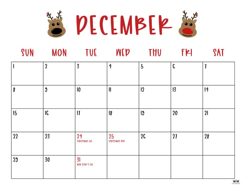 December 2024 Calendars - 50 Free Printables | Printabulls for December 2024 Holiday Calendar Printable