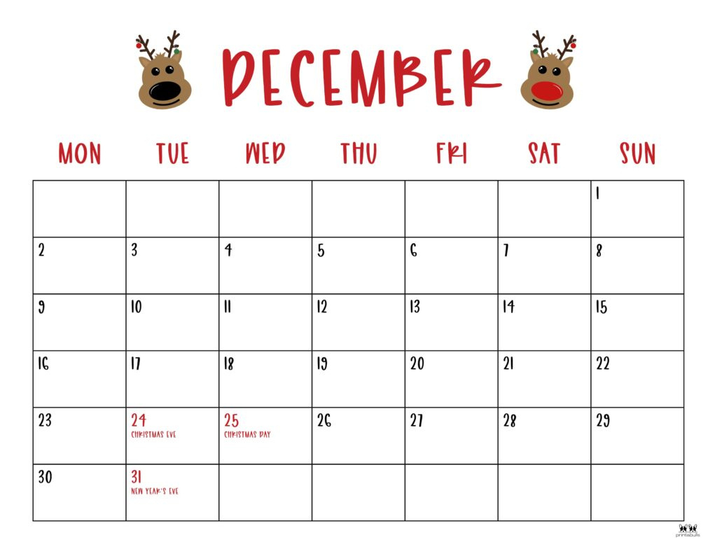 December 2024 Calendars - 50 Free Printables | Printabulls in December 2024 Free Printable Calendar Starts With Monday