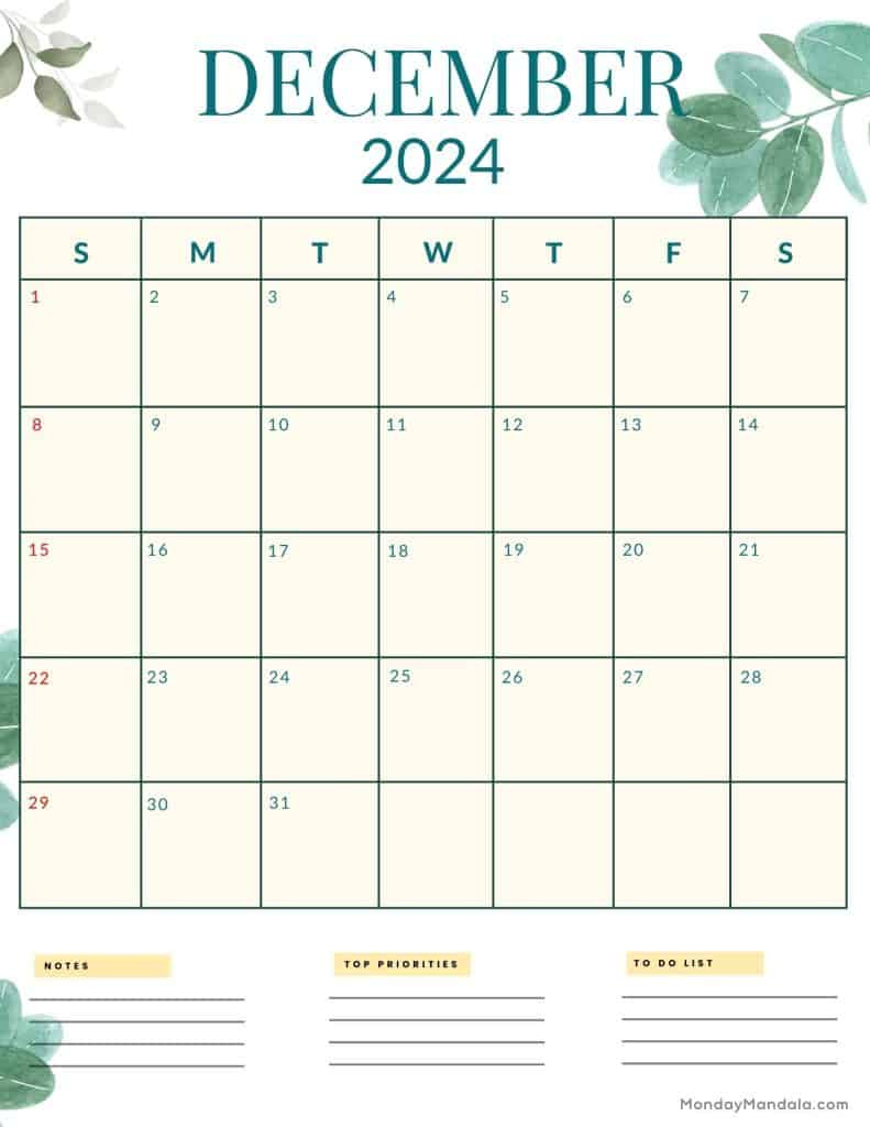 December 2024 Calendars (52 Free Pdf Printables) for December 2024 Calendar Printable Portrait