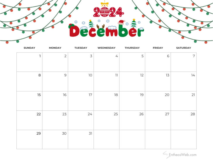 December 2024 Calendar Christmas Printable Free