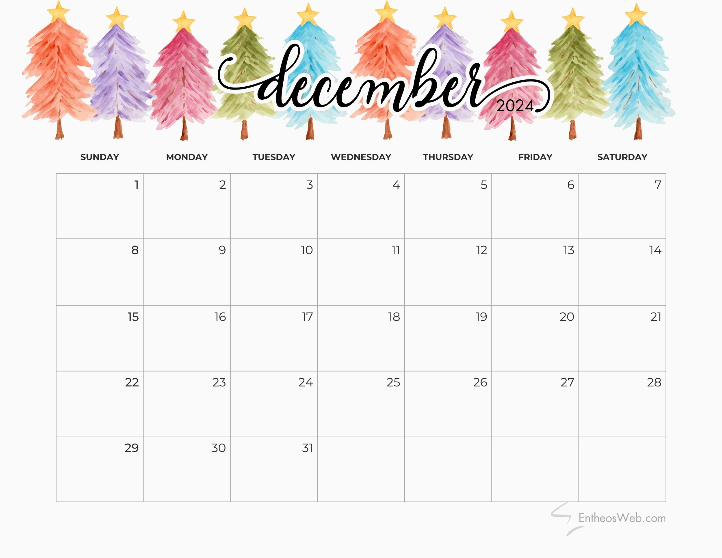 December 2024 Calendars | Entheosweb in Printable December 2024 Christmas Calendar