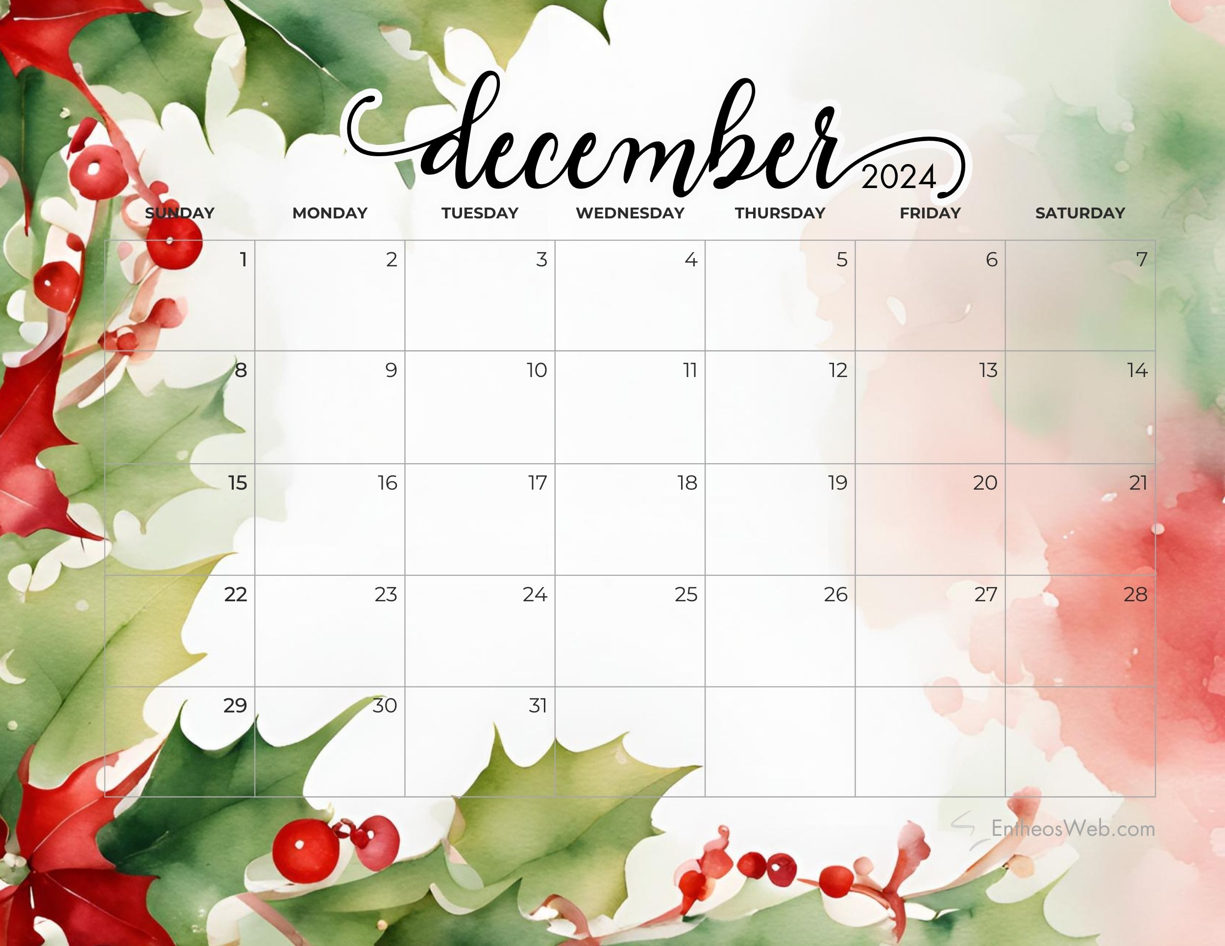 December 2024 Calendars | Entheosweb pertaining to December 2024 Color Coded Calendar Pages Printable