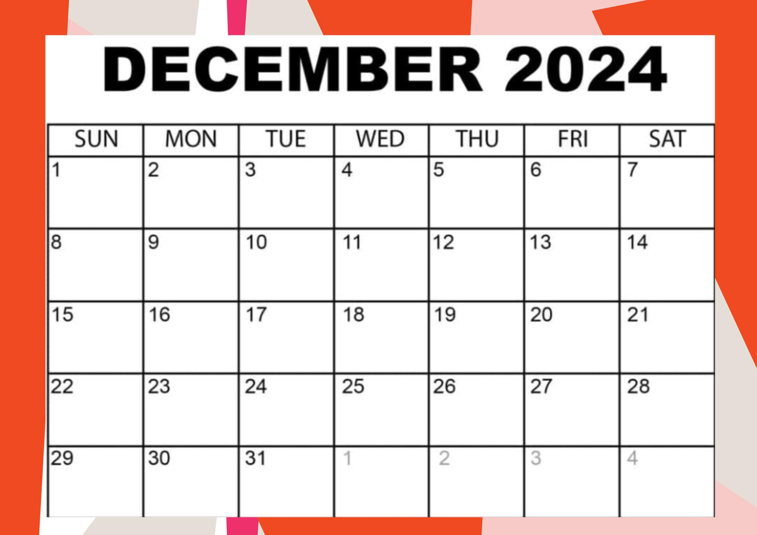 December 2024 Calender, Calandar, Month. Christmas, Planning with December 2024 Calendar Printable A6 Free