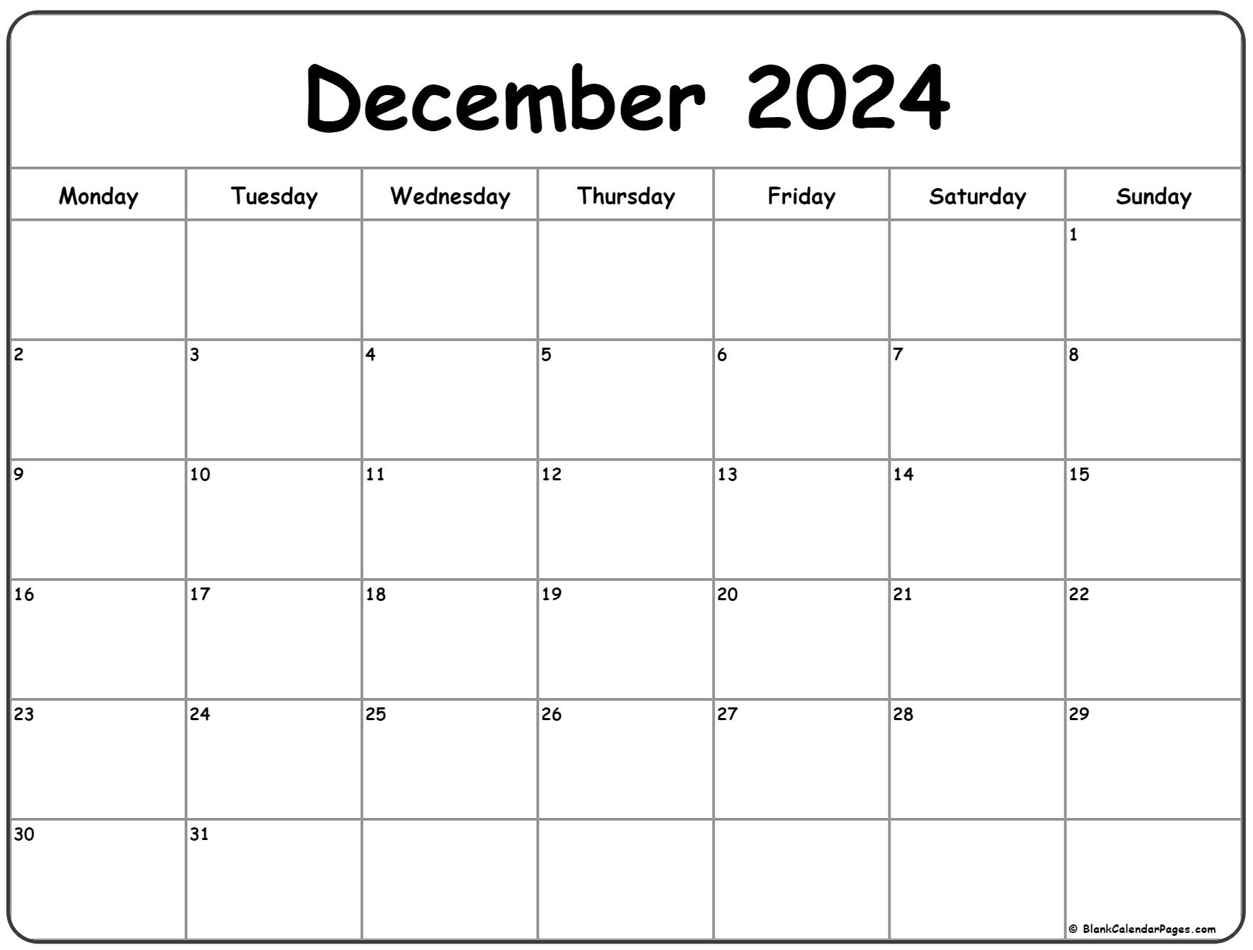 December 2024 Monday Calendar | Monday To Sunday pertaining to December 2024 Calendar Start On Monday Printable