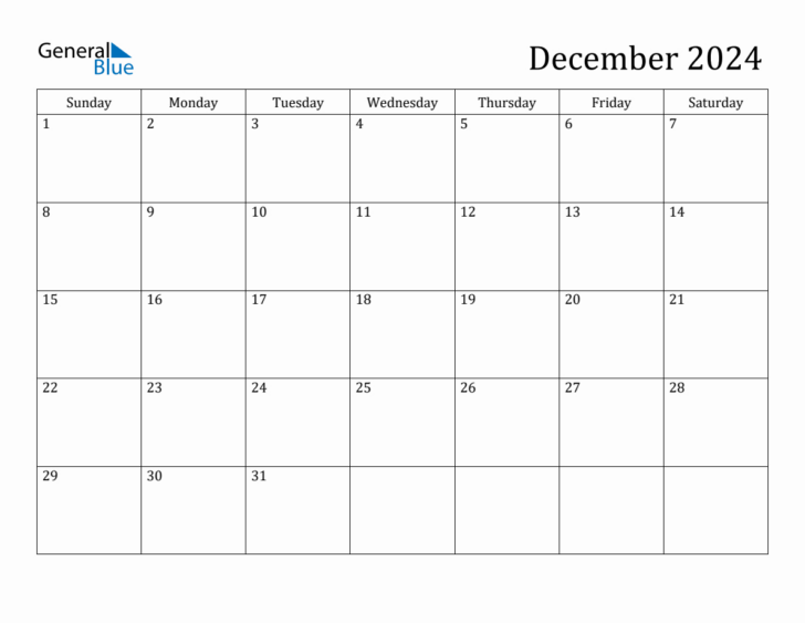 Blue Calendar Printable For December 2024