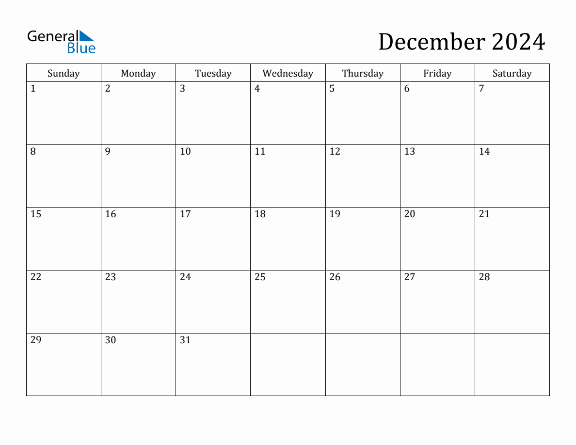 December 2024 Monthly Calendar throughout Blue Calendar Printable For December 2024