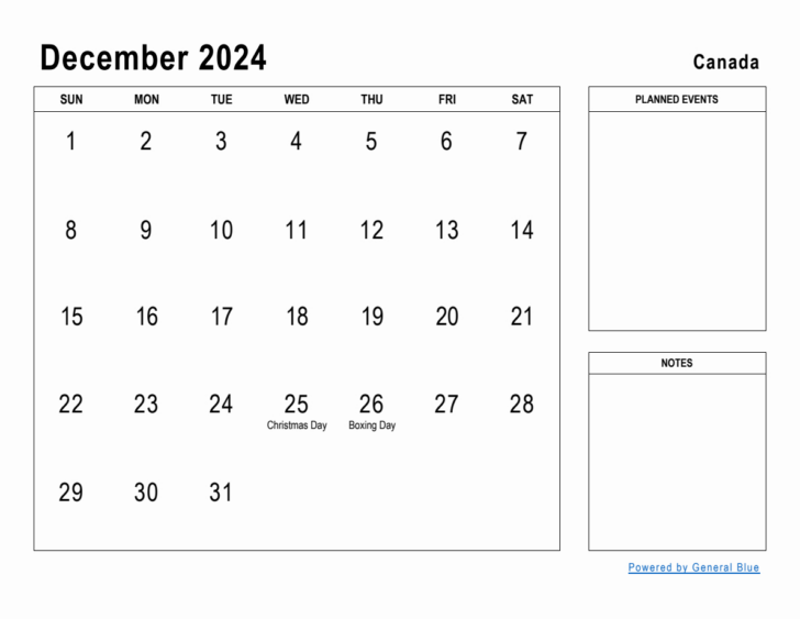 December 2024 Printable Calendar Canada