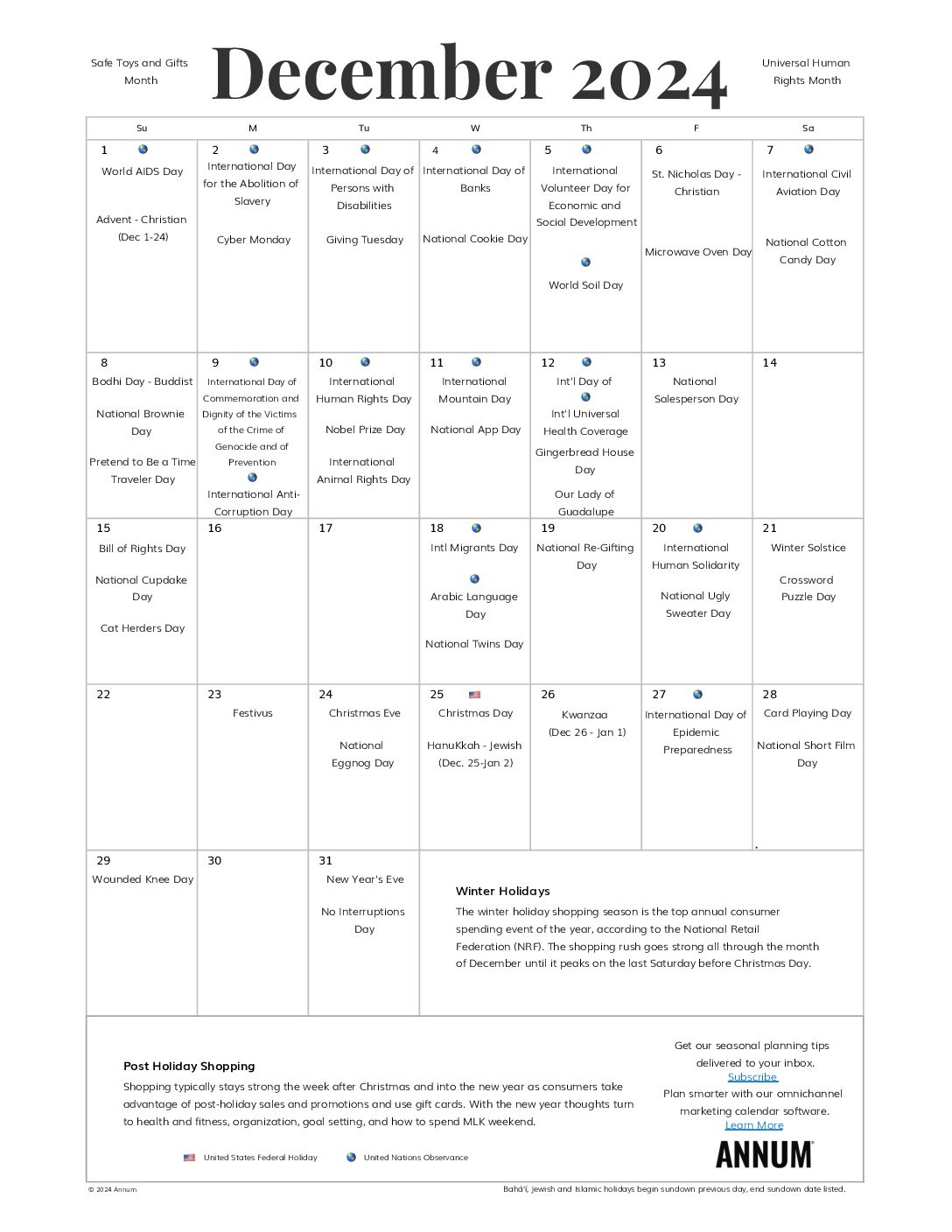 December 2024 Printable Calendar | December Holidays | Annum intended for 2024 December Calendar With Holidays Printable