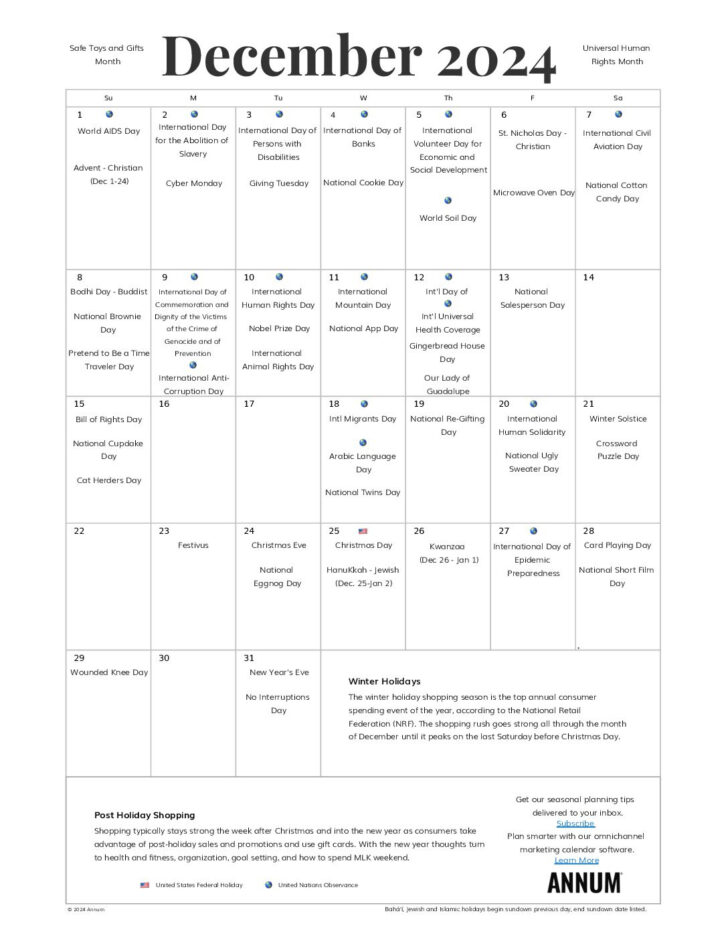 December 2024 Holiday Calendar Printable