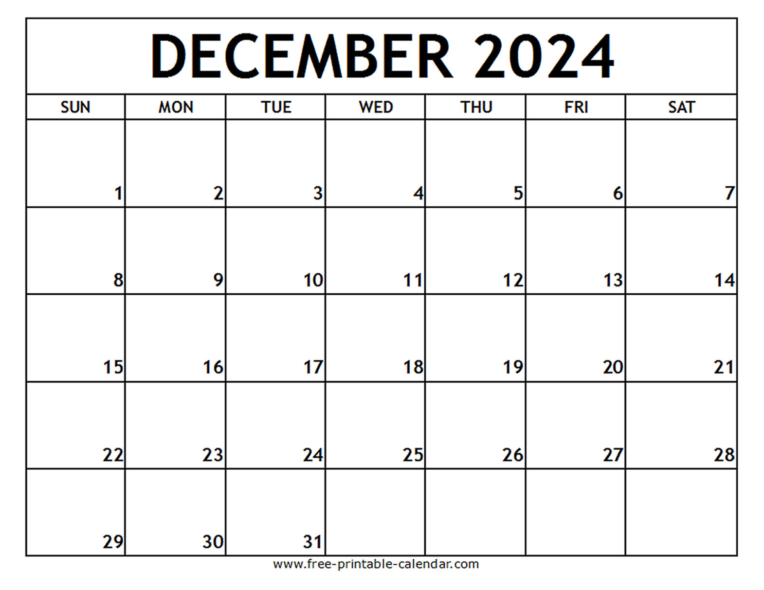 December 2024 Printable Calendar - Free-Printable-Calendar throughout Calendar December 2024 Printable Uk