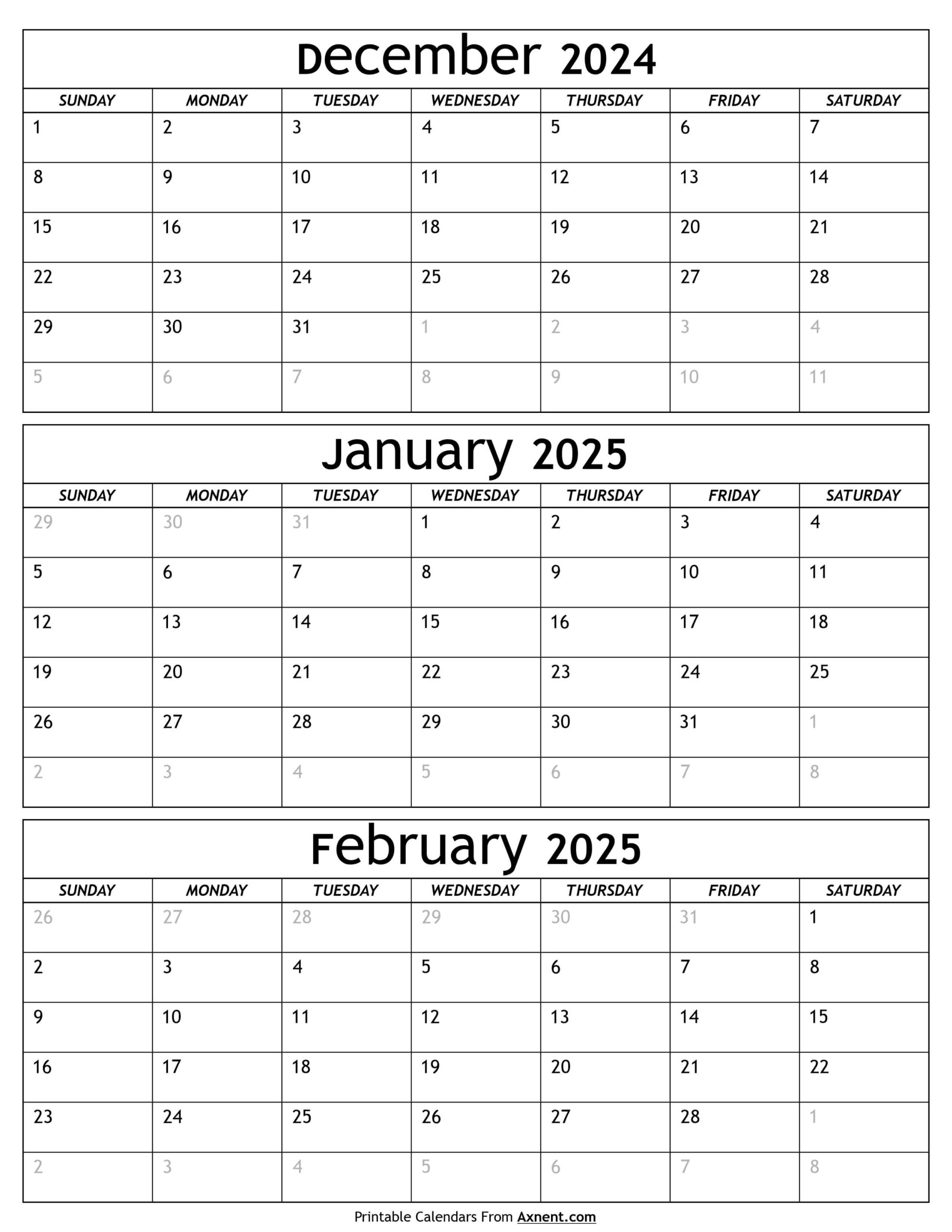 December 2024 To February 2025 Calendar Template - Three Months regarding Printable 3 Month Calendar December 2024 - January February 2025