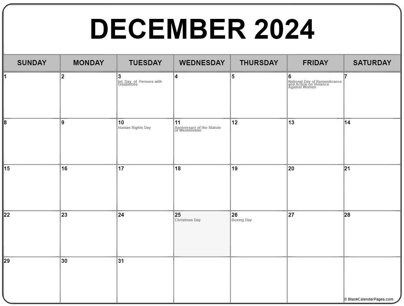 December 2024 With Holidays Calendar in December 2024 Printable Calendar Canada