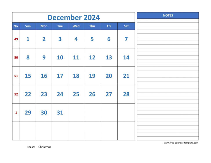 Calendar 2024 December Printable With Notes