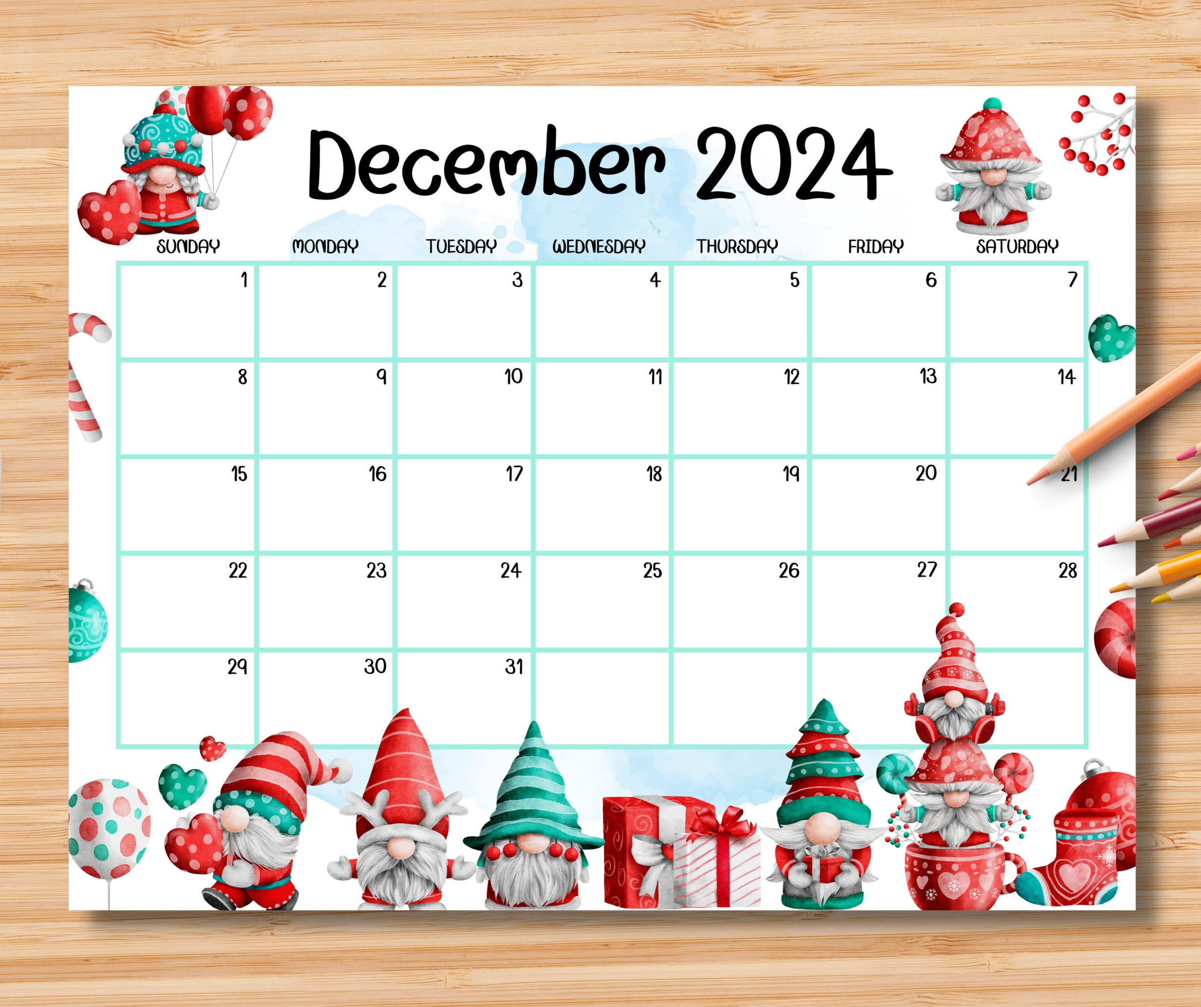 Editable December 2024 Calendar, Adorable Christmas W/ Cute Gnomes with regard to December 2024 Cute Calendar Printable