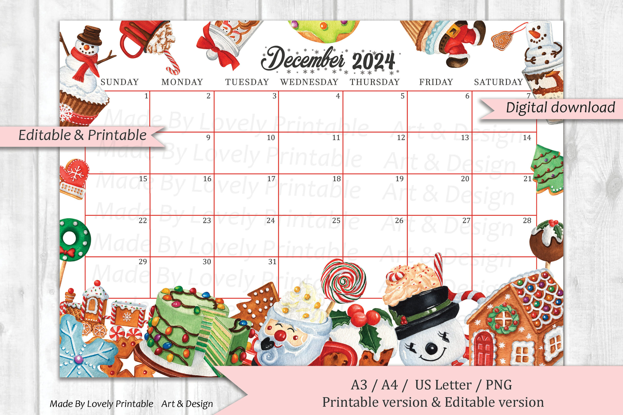 Editable December 2024 Calendar, Christmas Sweets &amp;amp; Drinks in 2024 December Christmas Calendar Printable