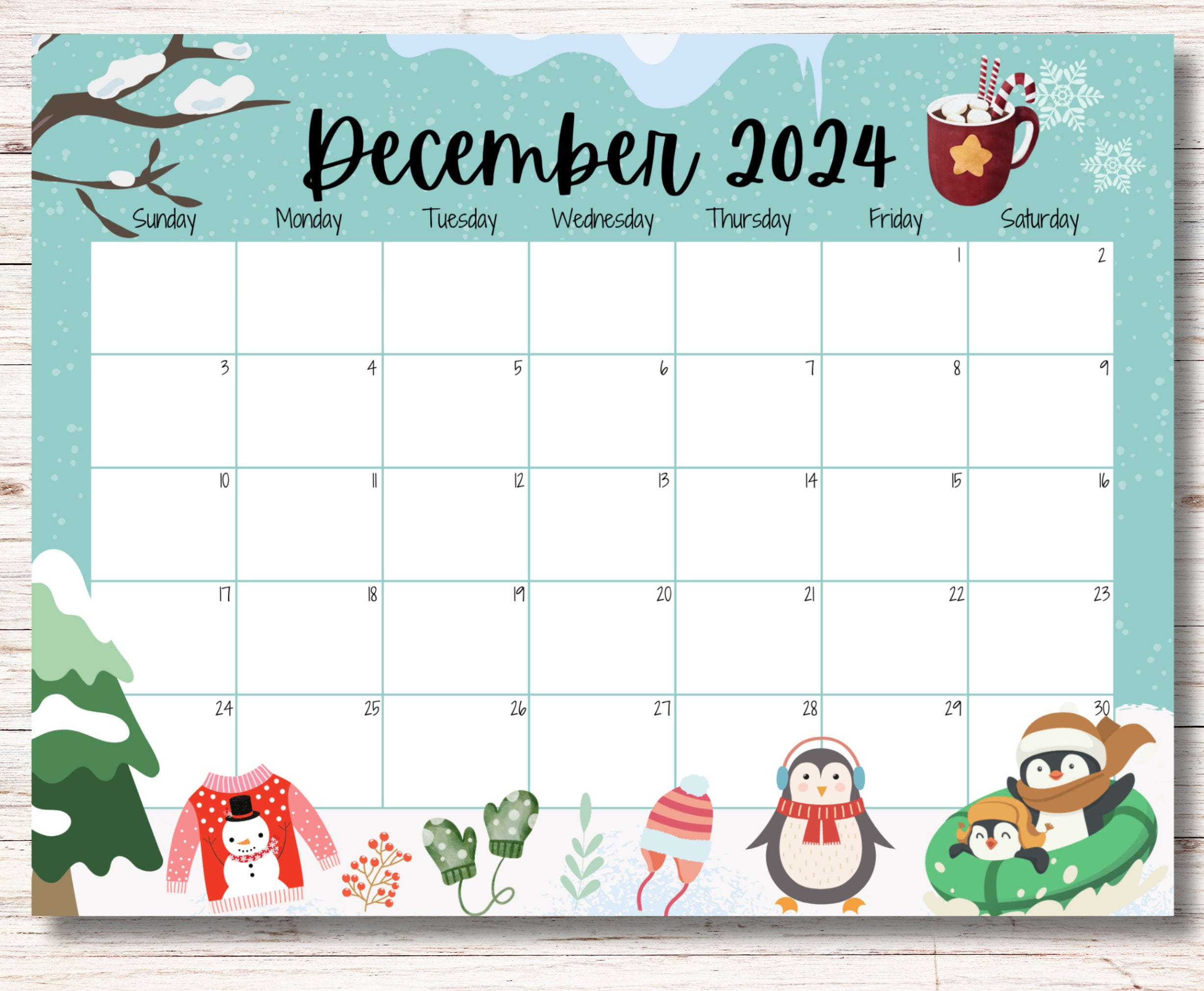 Editable December 2024 Calendar, Cute Penguins, Beautiful Winter pertaining to December 2024 Calendar Printable Penguin