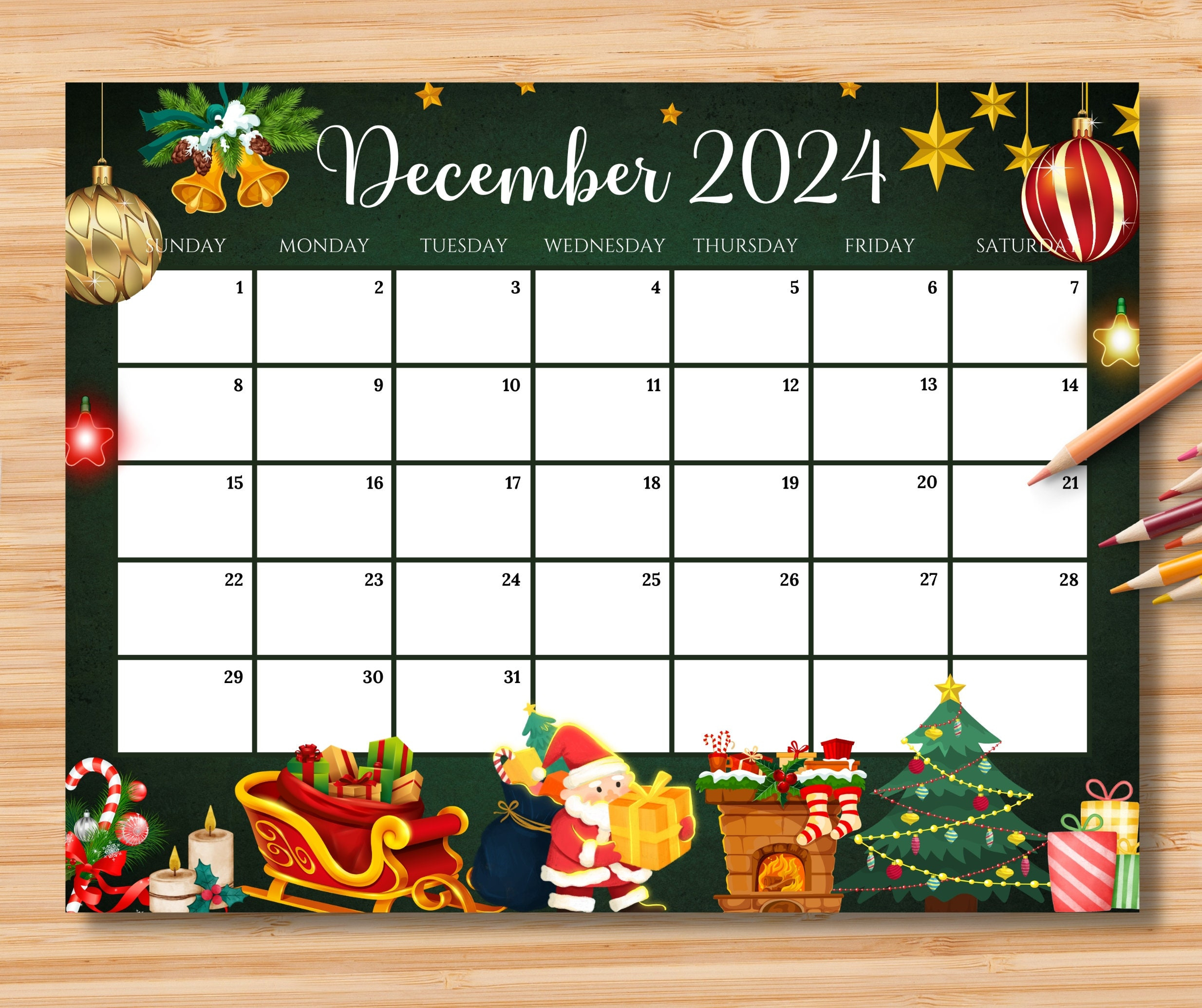 Editable December 2024 Calendar, Gorgeous Christmas With Santa in Christmas Themed December 2024 Printable Calendar