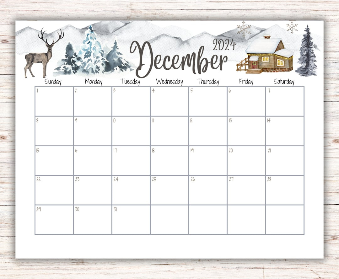 Editable December 2024 Calendar, Snowy House On The Hill And within Blank December 2024 Calendar Printable And Children