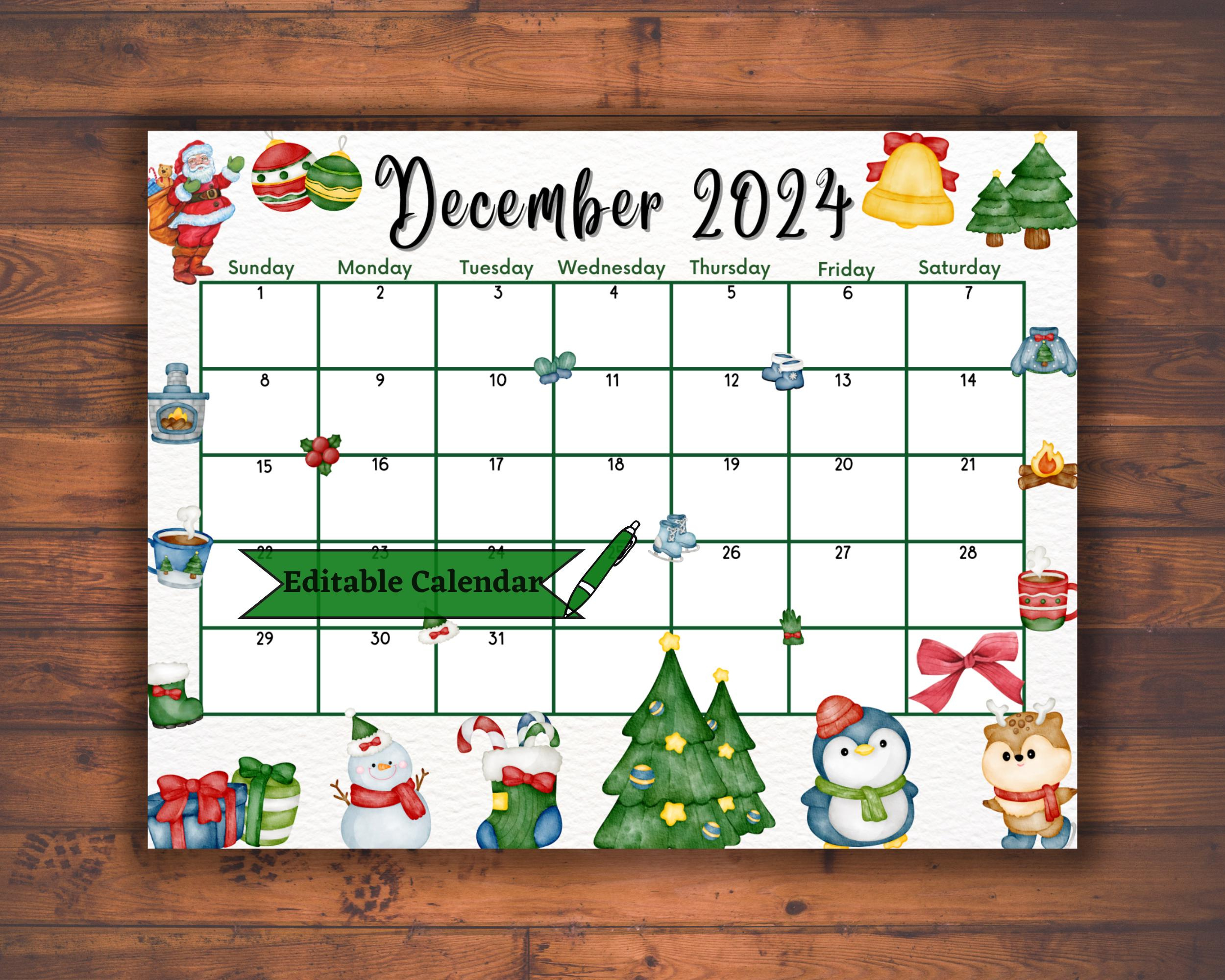 Editable Fillable December 2024 Calendar For Merry Christmas with December 2024 Holiday Calendar Printable