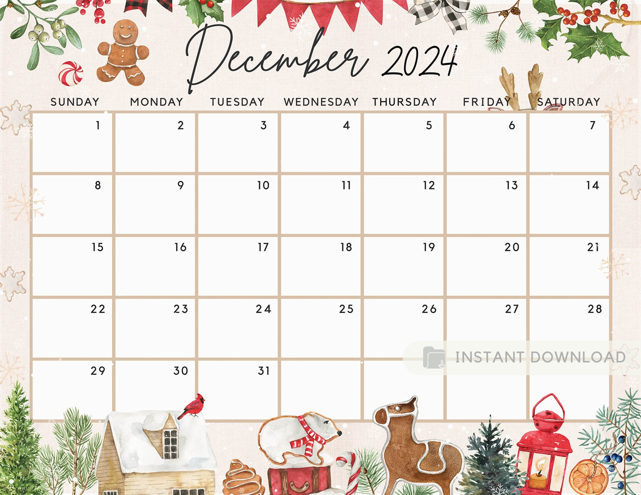 Fillable December 2024 Calendar, Cute Festive Snowy Winter for Calendar December 2024 Printable Cute