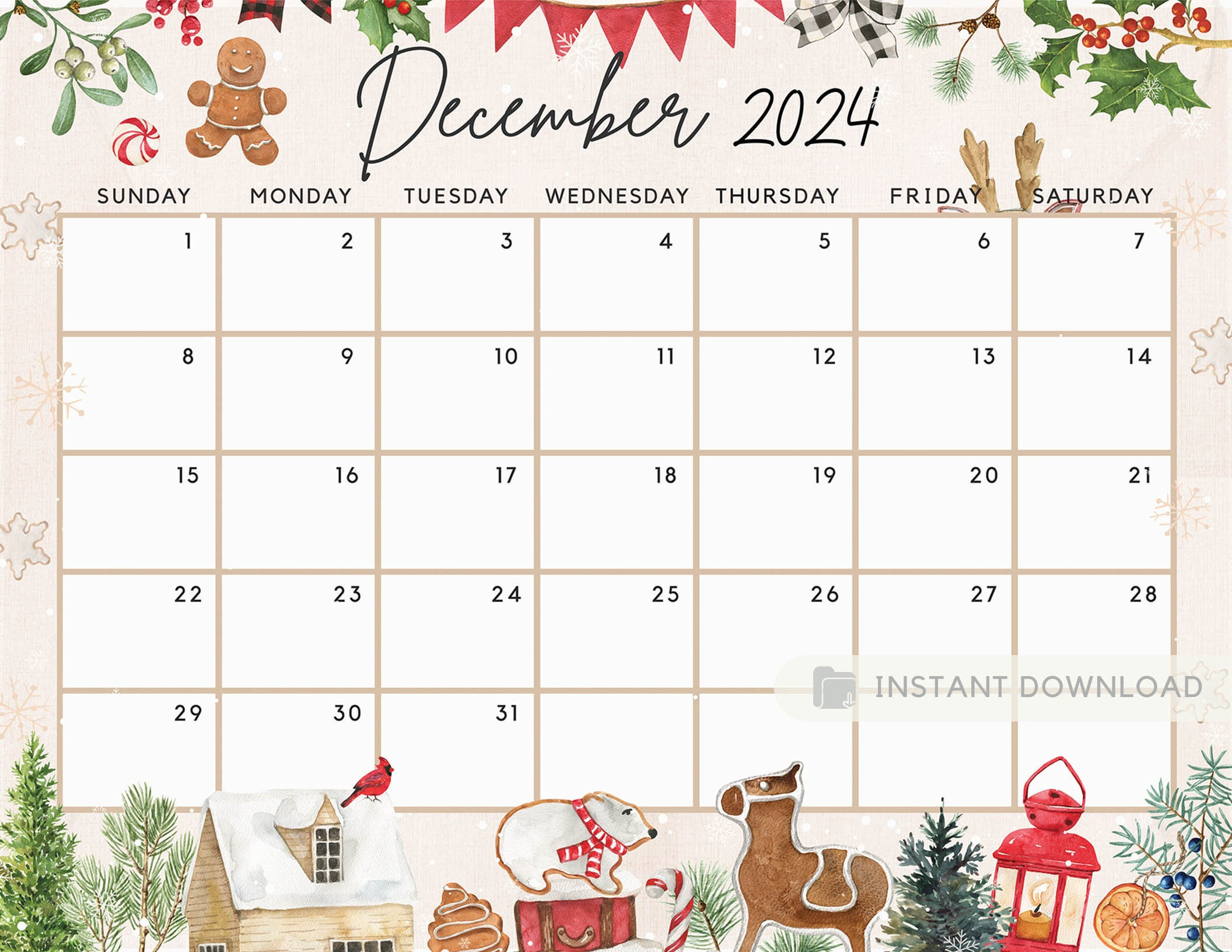 Fillable December 2024 Calendar, Cute Festive Snowy Winter for Cute Printable December 2024 Calendar