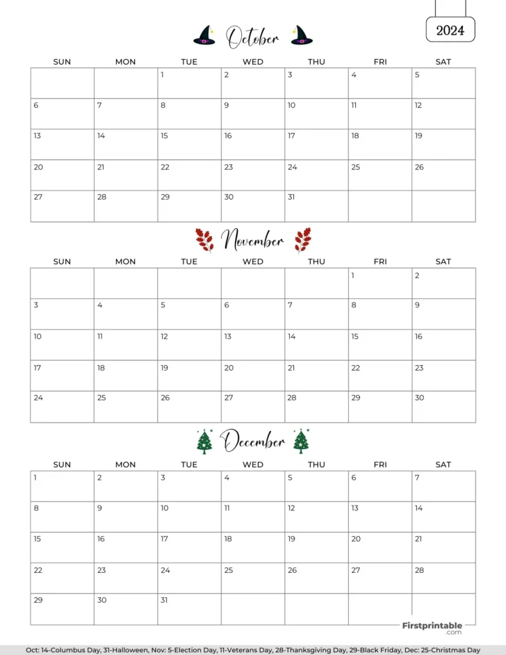 3 Month Printable Calendar October November December 2024