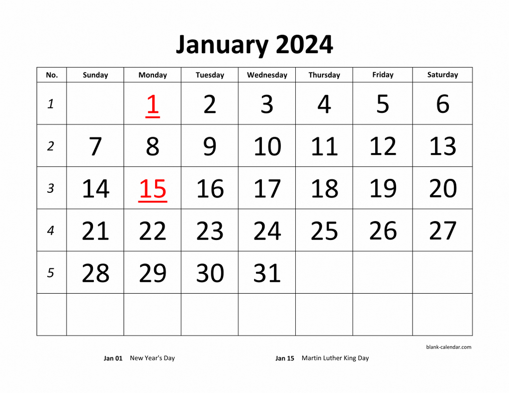 Free Download Printable Calendar 2024, Large Font Design regarding December 2024 Calendar Holiday Printable