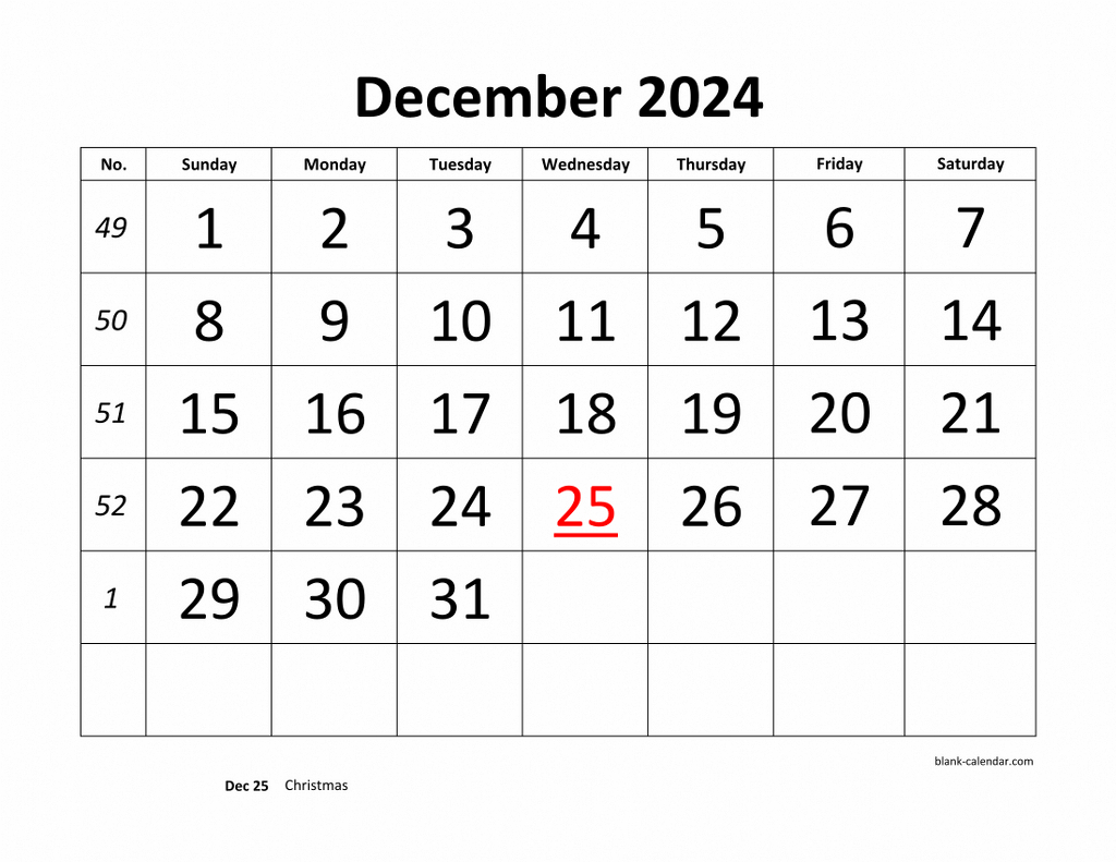 Free Download Printable December 2024 Calendar, Large Font Design inside December 2024 Calendar Printable With Large Print