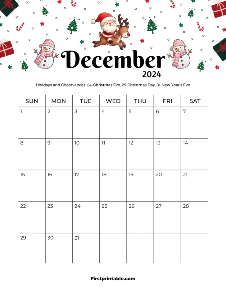 Christmas Style Printable December 2024 Calendar Large Print