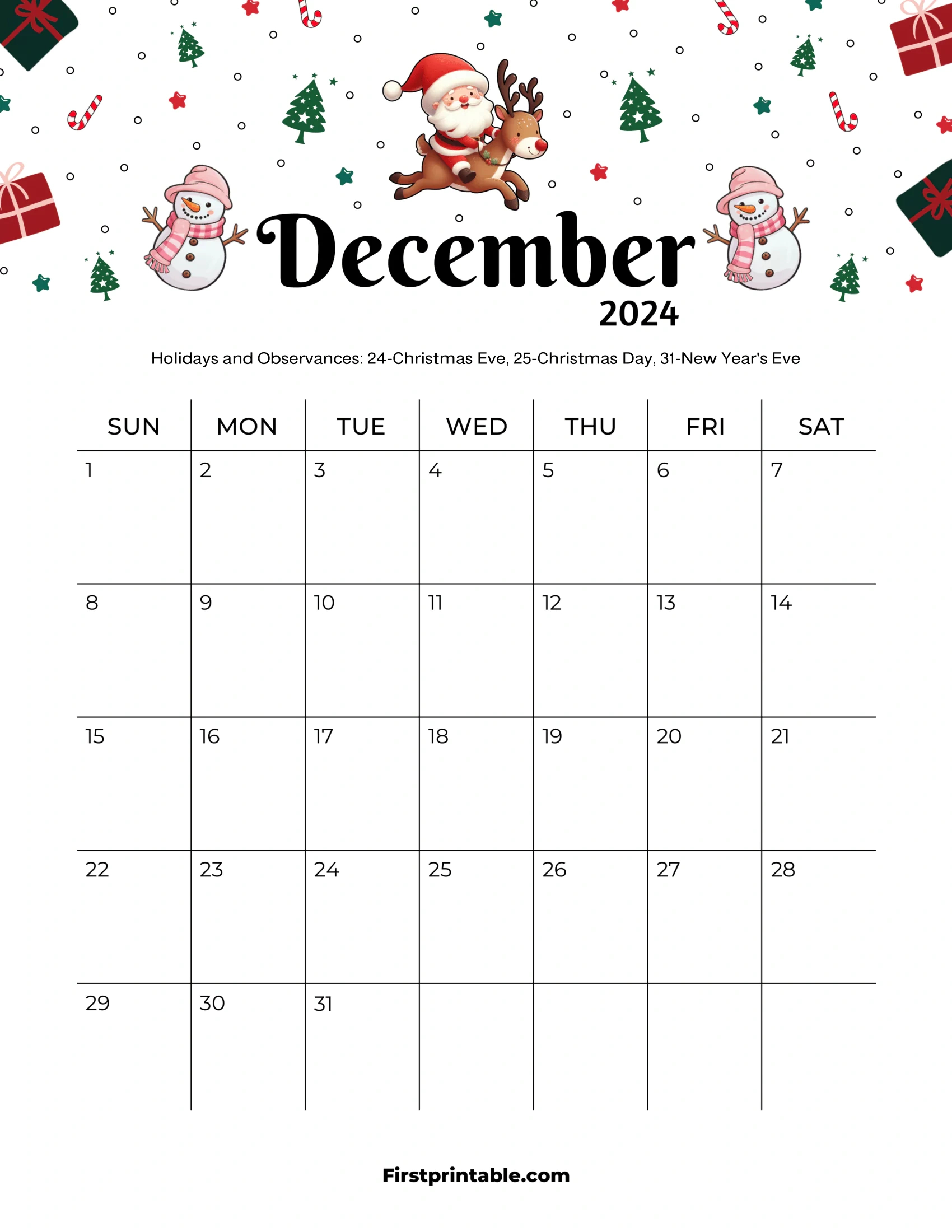 Free Printable &amp;amp; Fillable December Calendars 2024 for Christmas Style Printable December 2024 Calendar Large Print