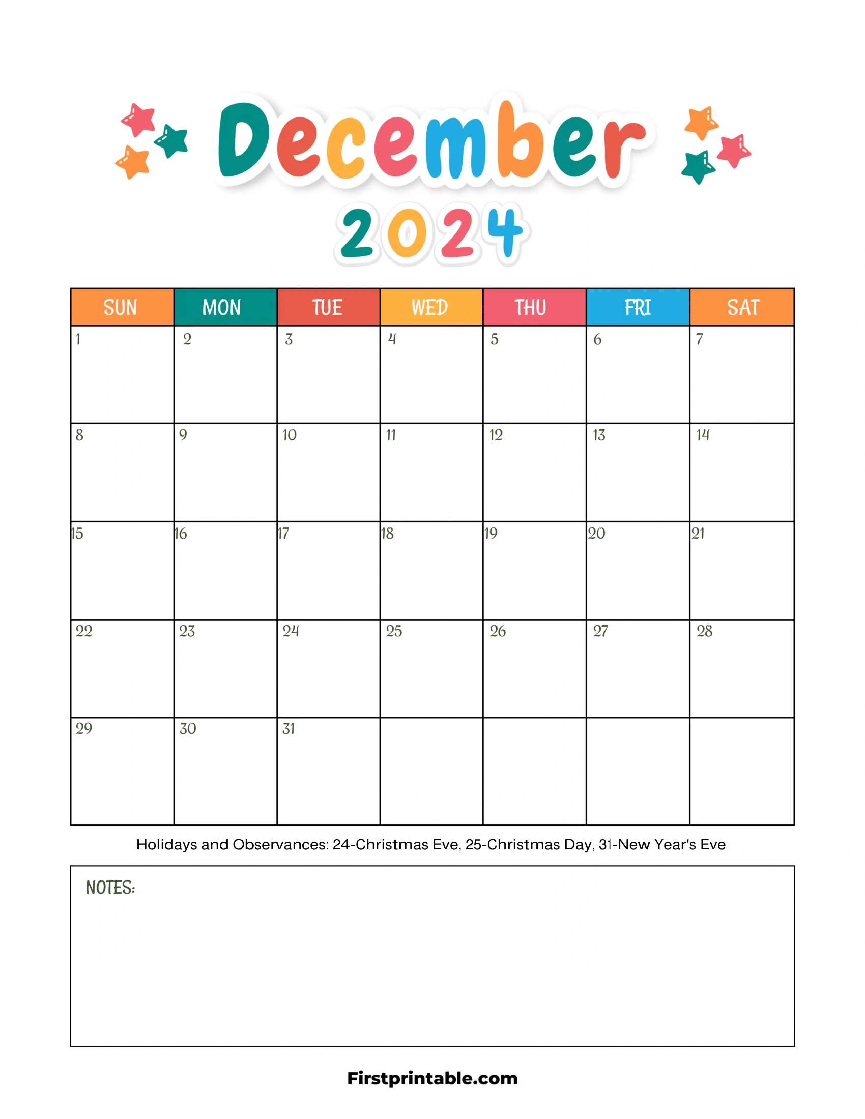 Free Printable &amp;amp; Fillable December Calendars 2024 pertaining to December 2024 Calendar Printable Kids