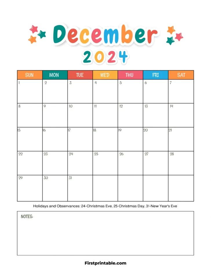 December 2024 Calendar Printable For Kids