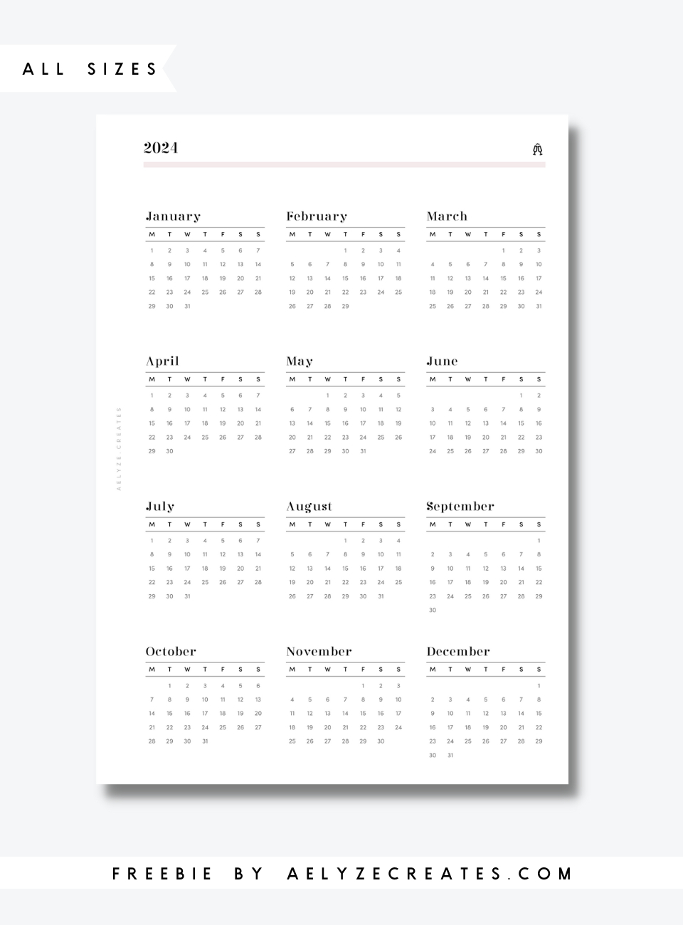 Freebie - All Sizes - 2024 Glance - Aelyzecreates within December 2024 Calendar Printable A6 Free