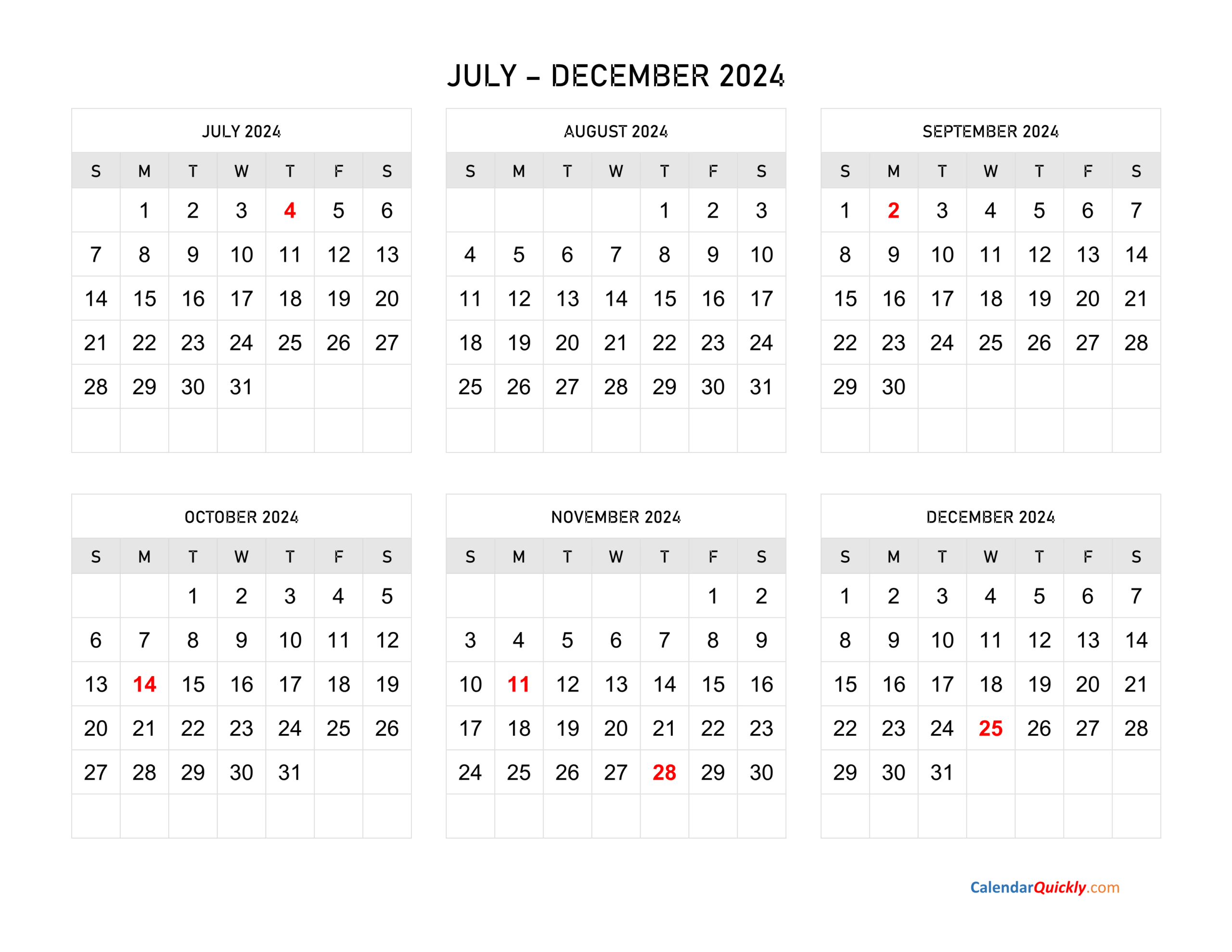 July To December 2024 Calendar Horizontal | Calendar Quickly for 2024 Calendar Printable July To December