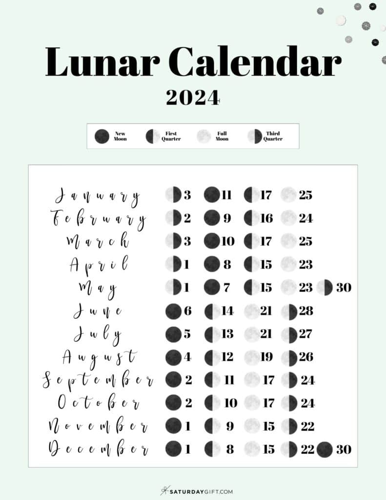 Moon Phase Calendar - Cute &amp;amp; Free Printable 2024 Lunar Calendar for December 2024 Moon Calendar Printable