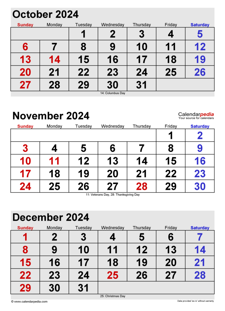 Calendar 2024 Printable October November December