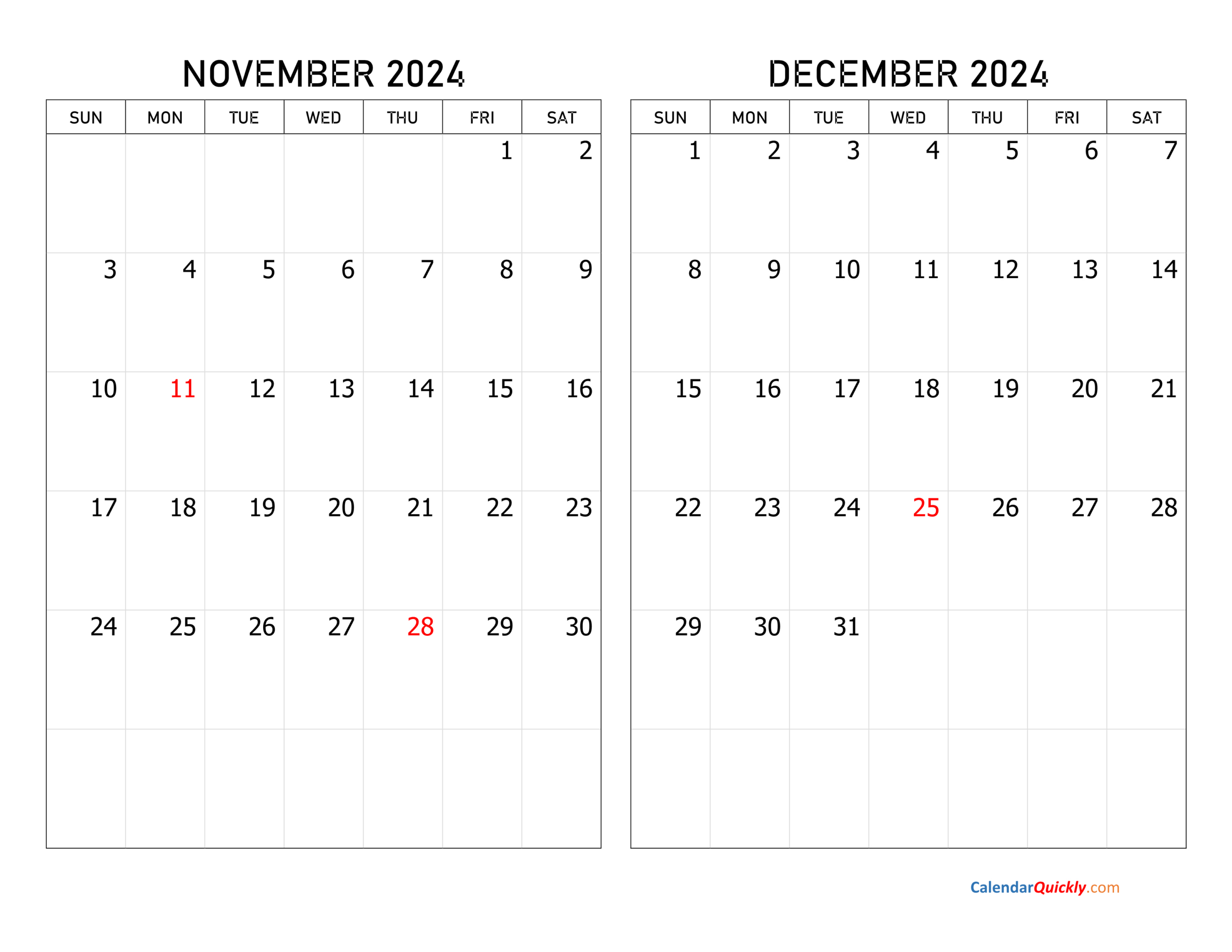 November And December 2024 Calendar | Calendar Quickly for Calendar November December 2024 Printable