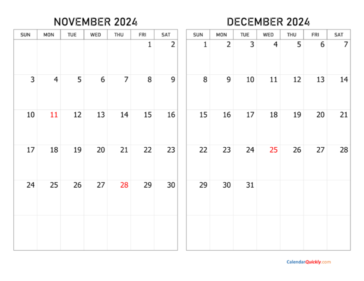 2024 Calendar Printable Novermber And December