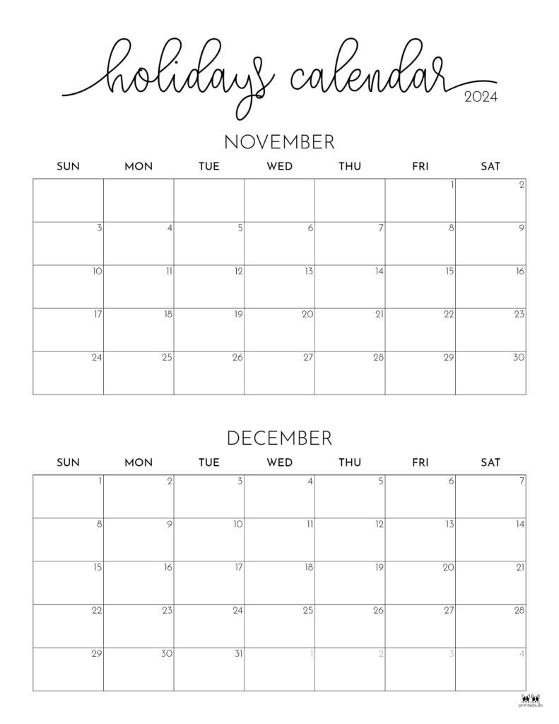 November December 2024 Calendars - 28 Printables | Printabulls for Calendar Nov 2024 December 2024 Printable