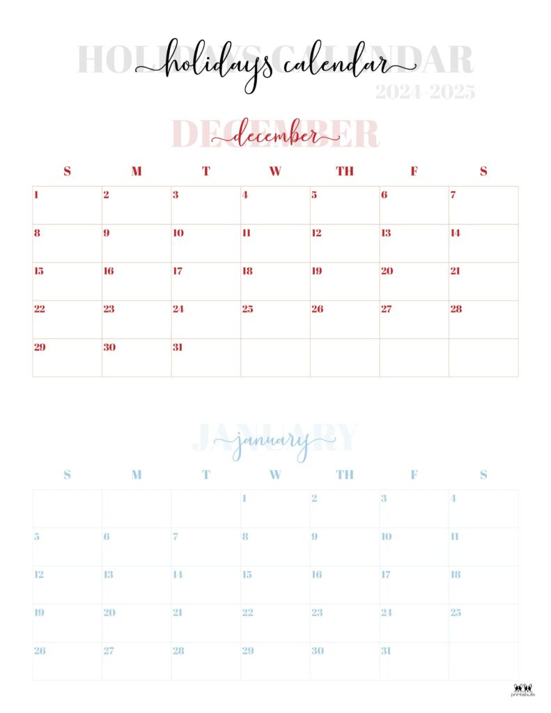 November December 2024 Calendars - 28 Printables | Printabulls in Calendar End Of December 2024 And Beginning Of January 2025 Printable