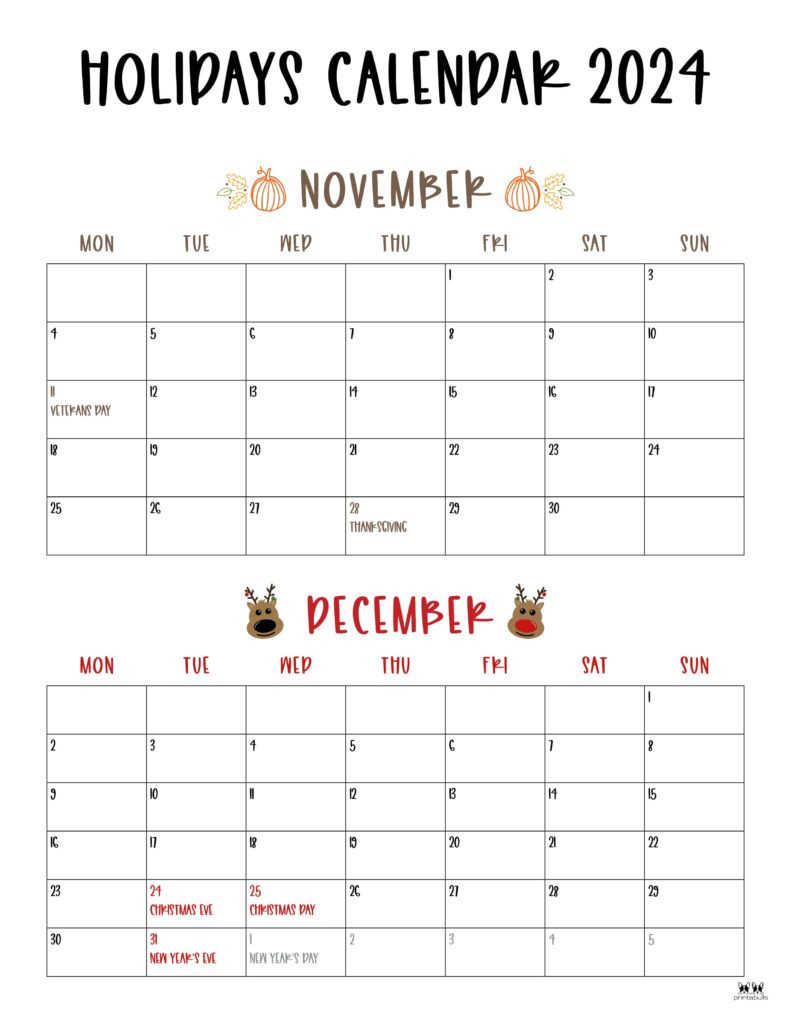 November December 2024 Calendars - 28 Printables | Printabulls with regard to 2024 November And December Calendar Printable