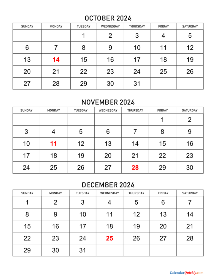 3 Month Calendar Printable October November December 2024